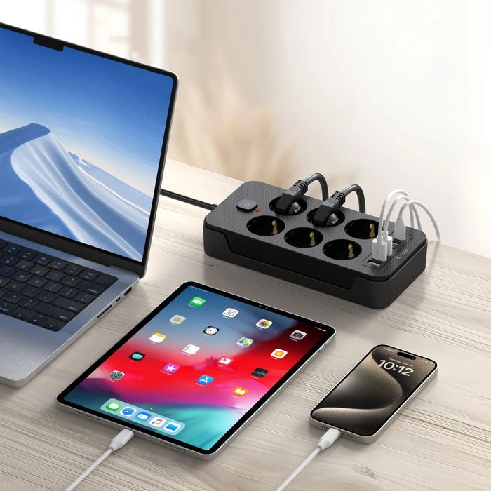 Разклонител Tech-Protect PC6X6 6 гнезда 240V + 3xUSB-A + 3xUSB-C 200см - Черен