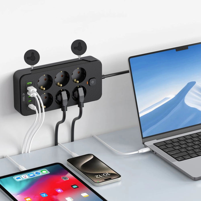 Разклонител Tech-Protect PC6X6 6 гнезда 240V + 3xUSB-A + 3xUSB-C 200см - Черен