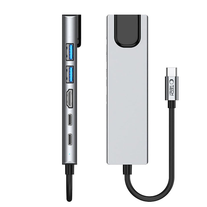 Tech-Protect HB02 HUB Adapter 6in1 USB-C + USB2.0 + USB3.0 + HDMI 4K 30Hz + RJ45 + PD100W - сив