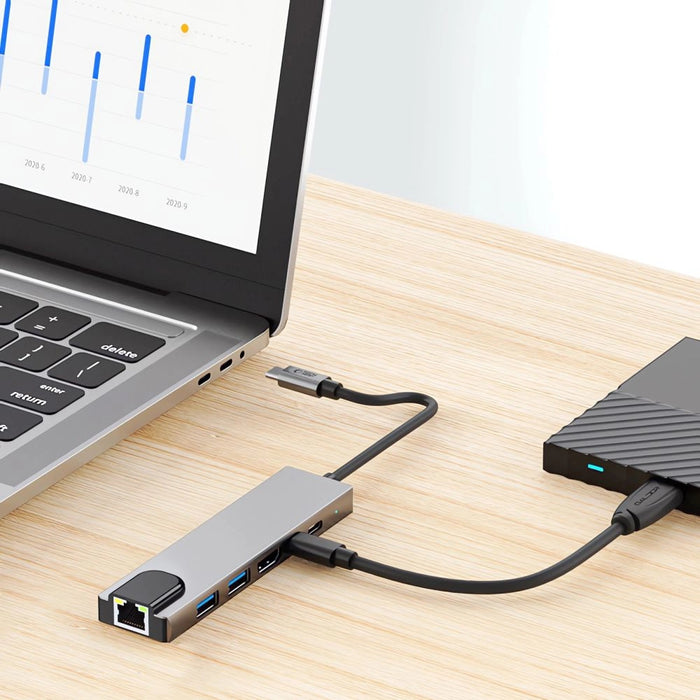 Tech-Protect HB02 HUB Adapter 6in1 USB-C + USB2.0 + USB3.0 + HDMI 4K 30Hz + RJ45 + PD100W - сив
