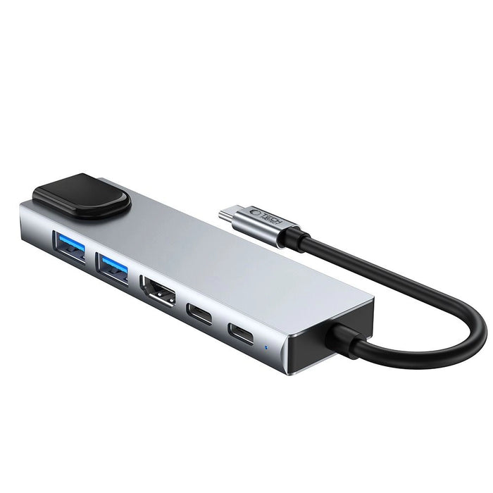Tech-Protect HB02 HUB Adapter 6in1 USB-C + USB2.0 + USB3.0 + HDMI 4K 30Hz + RJ45 + PD100W - сив