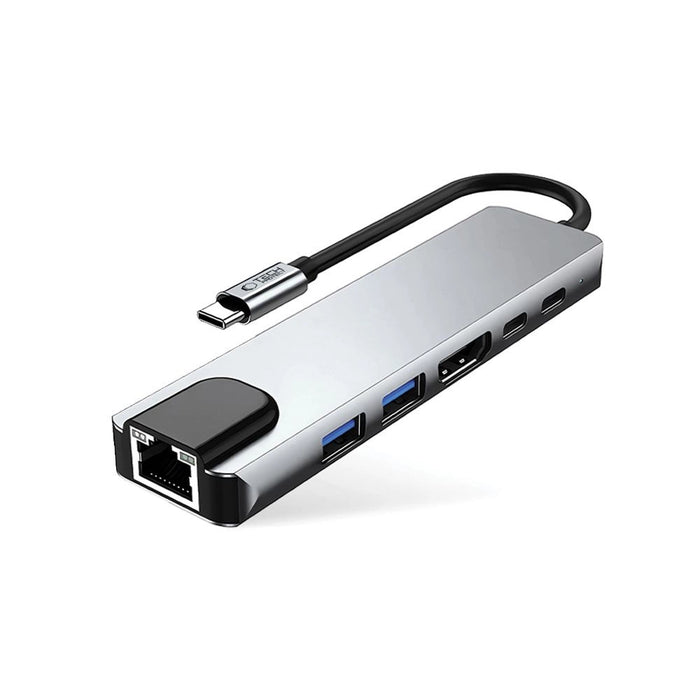 Tech-Protect HB02 HUB Adapter 6in1 USB-C + USB2.0 + USB3.0 + HDMI 4K 30Hz + RJ45 + PD100W - сив