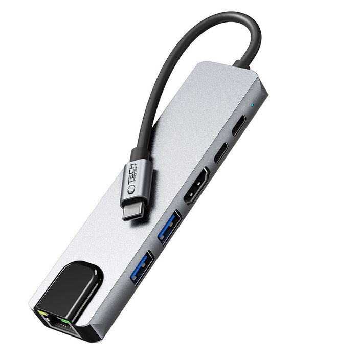 Tech-Protect HB02 HUB Adapter 6in1 USB-C + USB2.0 + USB3.0 + HDMI 4K 30Hz + RJ45 + PD100W - сив