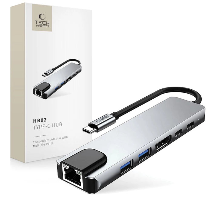 Tech-Protect HB02 HUB Adapter 6in1 USB-C + USB2.0 + USB3.0 + HDMI 4K 30Hz + RJ45 + PD100W - сив