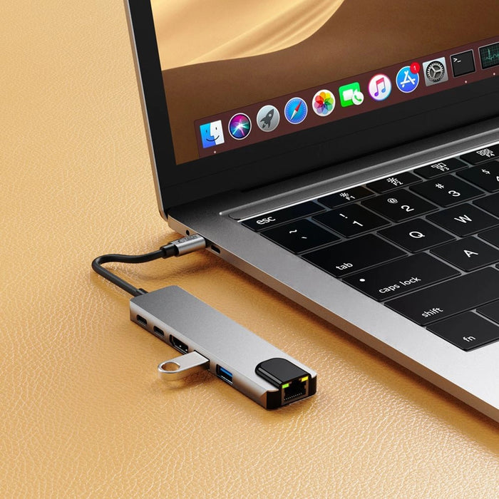 Tech-Protect HB02 HUB Adapter 6in1 USB-C + USB2.0 + USB3.0 + HDMI 4K 30Hz + RJ45 + PD100W - сив