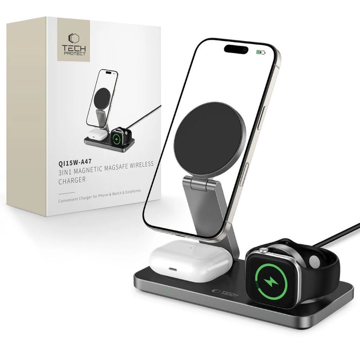 Tech-Protect QI15W-A47 MagSafe 3in1 индуктивно зарядно устройство + USB-C кабел - черно