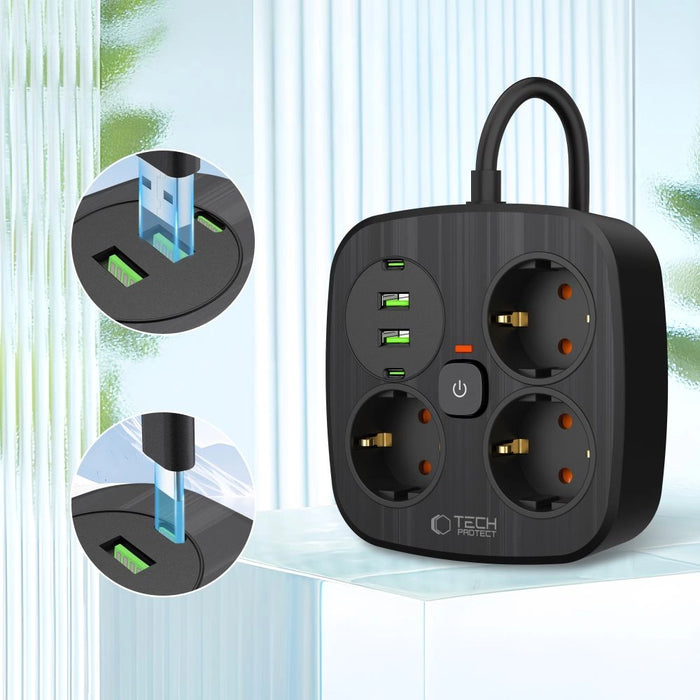 Разклонител Tech-Protect PCS3X4, 3 гнезда, 2xUSB-A, 2xUSB-C 200 см - черен
