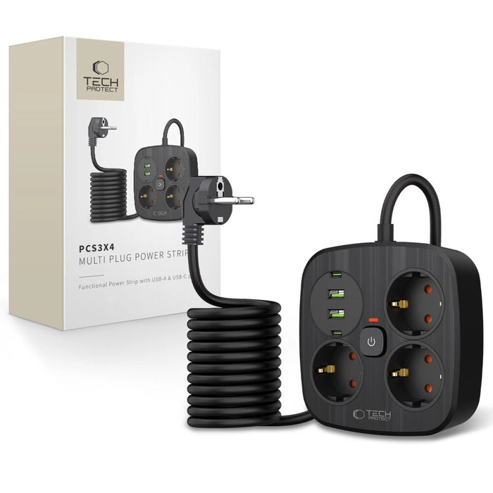 Разклонител Tech-Protect PCS3X4, 3 гнезда, 2xUSB-A, 2xUSB-C 200 см - черен