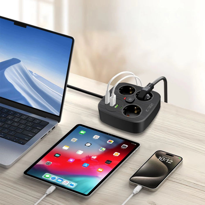 Разклонител Tech-Protect PCS3X4, 3 гнезда, 2xUSB-A, 2xUSB-C 200 см - черен