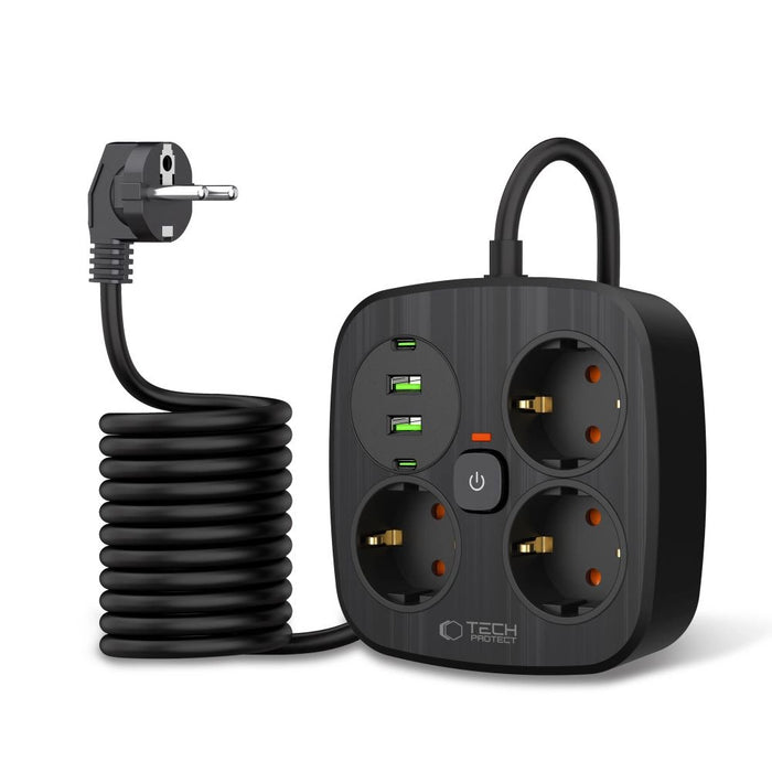 Разклонител Tech-Protect PCS3X4, 3 гнезда, 2xUSB-A, 2xUSB-C 200 см - черен