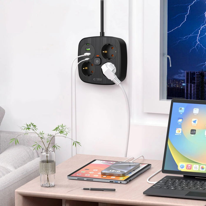 Разклонител Tech-Protect PCS3X4, 3 гнезда, 2xUSB-A, 2xUSB-C 200 см - черен