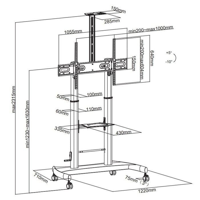Techly Steel Trolley Floor Support с регулируема височина, за телевизор от 60" до 100"