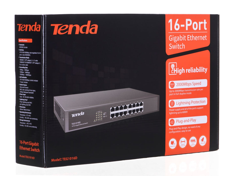 Tenda 16-портов гигабитов Ethernet суич неуправляем син