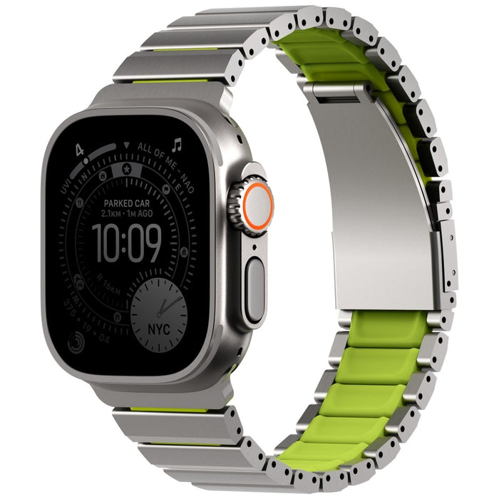 Каишка UNIQ Strova Flex за Apple Watch 44/45/46 мм Series 1/2/3/4/5/6/7/8/9/10/11/SE/SE2/SE3/Ultra/Ultra 2/Ultra 3, сребристо-лимонков