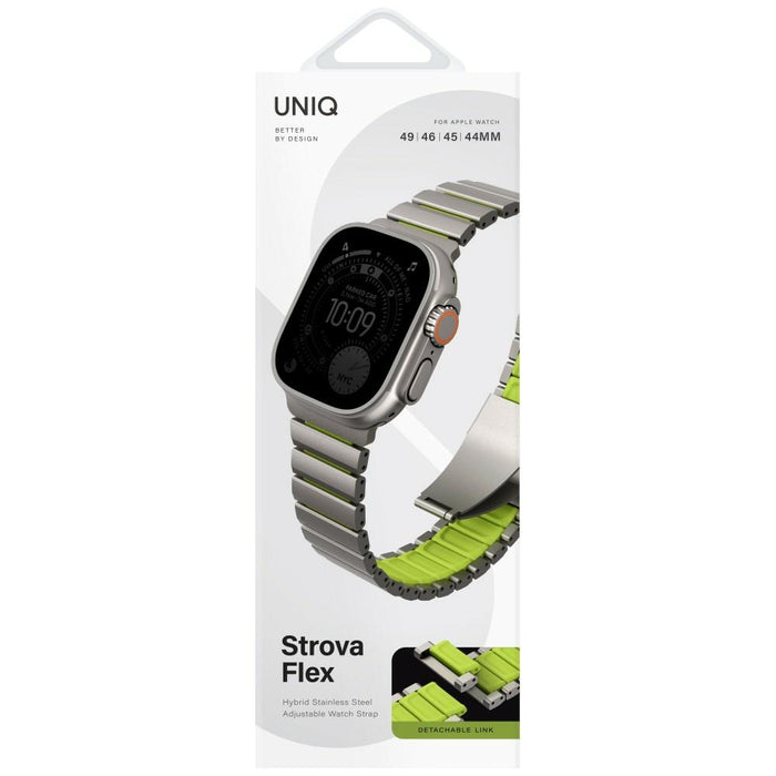 Каишка UNIQ Strova Flex за Apple Watch 44/45/46 мм Series 1/2/3/4/5/6/7/8/9/10/11/SE/SE2/SE3/Ultra/Ultra 2/Ultra 3, сребристо-лимонков