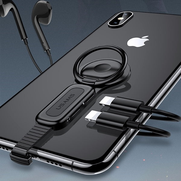 USAMS Adapter 2в1 Lightning - 2x Lightning + держател за пръстен, черен