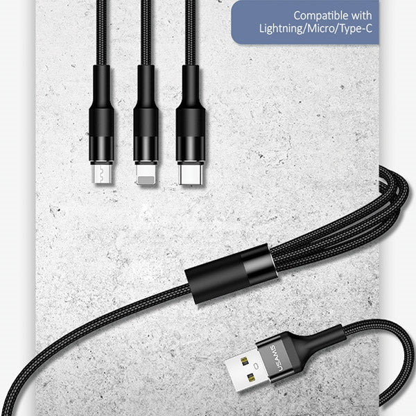 USAMS Кабел U5 плетен 3в1 1,5m, черен (Lightning/microUSB)