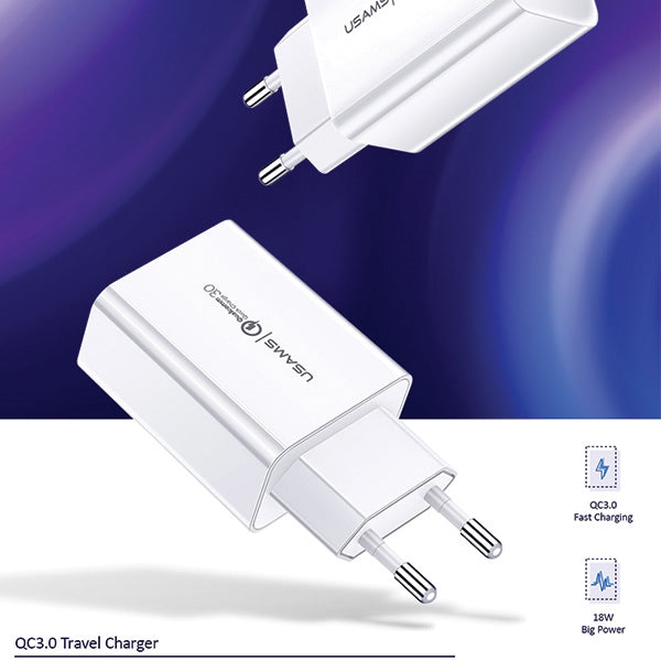 Зарядно USAMS T22 18W 3A QC3.0 Fast Charging, бяло