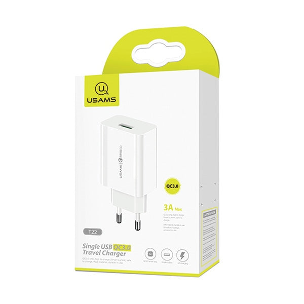 Зарядно USAMS T22 18W 3A QC3.0 Fast Charging, бяло