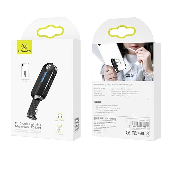 USAMS адаптер 2в1 Lightning LED, черен