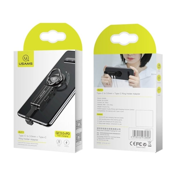USAMS адаптер 2в1 3,5 mm + ring holder, черен