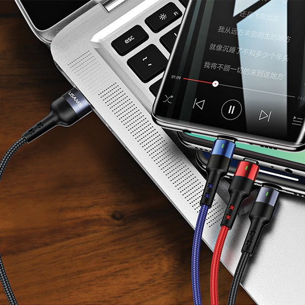 USAMS Кабел плетен U26 3в1 0.35м Charge (Lightning/microUSB) черен