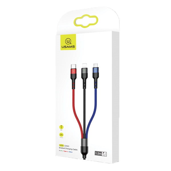 USAMS Кабел плетен U26 3в1 0.35м Charge (Lightning/microUSB) черен