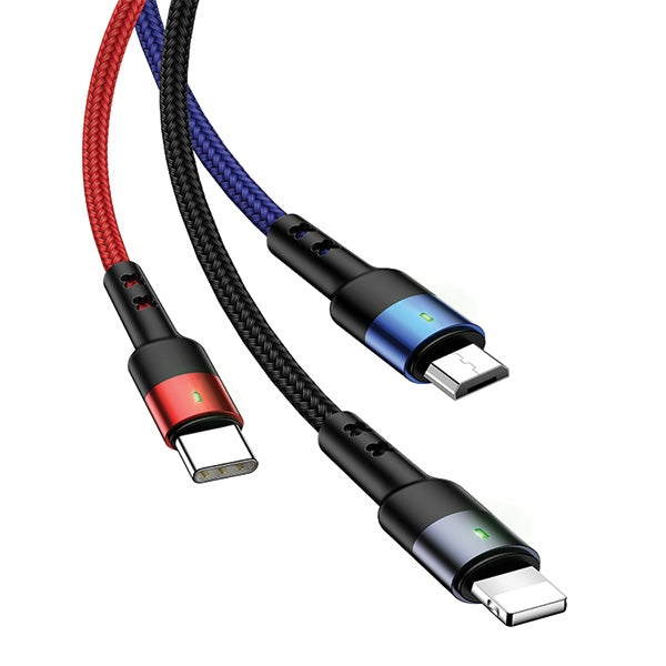 USAMS Кабел плетен U26 3в1 0.35м Charge (Lightning/microUSB) черен