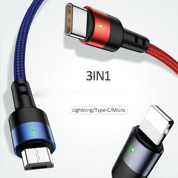 USAMS Кабел плетен U26 3в1 0.35м Charge (Lightning/microUSB) черен
