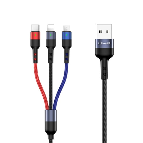 USAMS Кабел плетен U26 3в1 0.35м Charge (Lightning/microUSB) черен