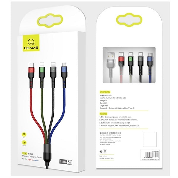 USAMS Кабел плетен U26 4в1 0.35м Charge (Lightning/microUSB/USB-C) черен
