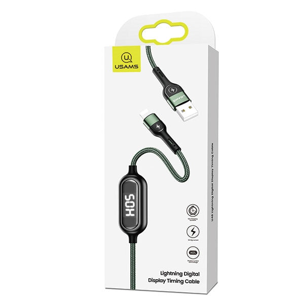 USAMS кабел плетен U48 Lightning 1 m Fast Charging LED, зелен
