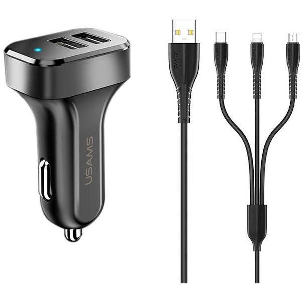 Автомобилно зарядно USAMS C13 2,1A 3в1 (microUSB/USB-C/Lightning), черно
