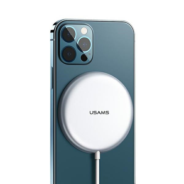 Индукционно зарядно USAMS 15W, алуминиево, за iPhone 12 series, сребристо