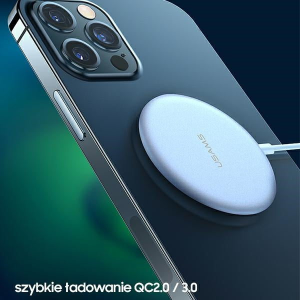 Индукционно зарядно USAMS 15W, алуминиево, за iPhone 12 series, сребристо