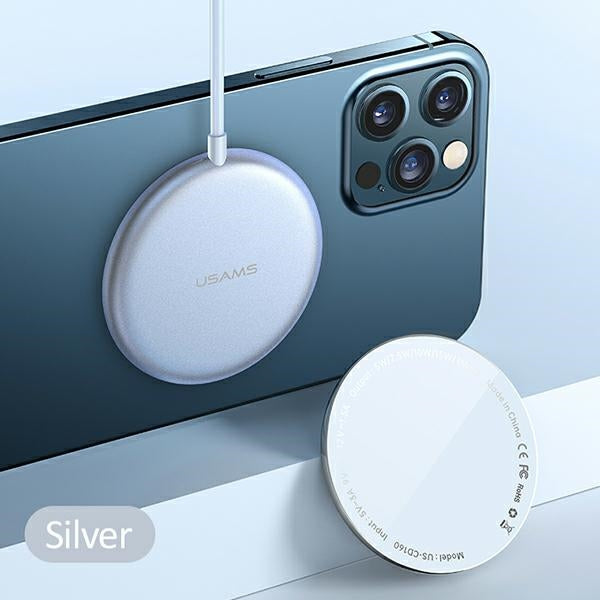 Индукционно зарядно USAMS 15W, алуминиево, за iPhone 12 series, сребристо