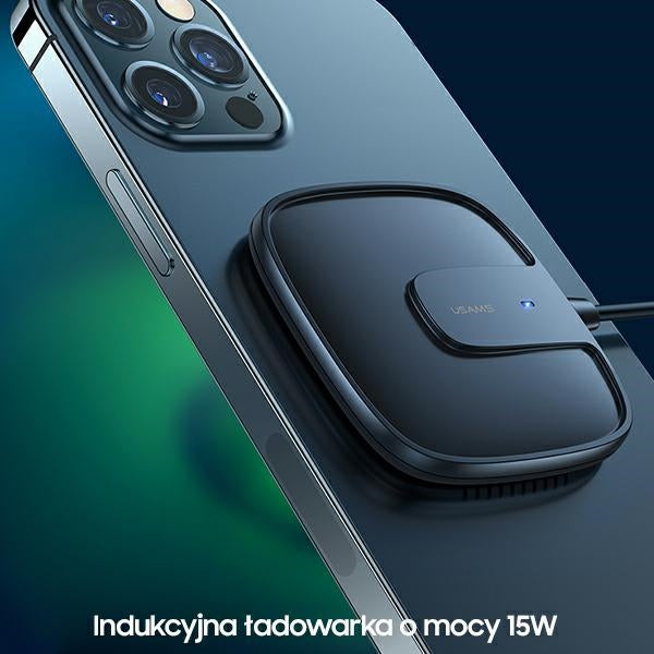 Индукционно зарядно USAMS 15W Extra-thin за iPhone 12 series, черно