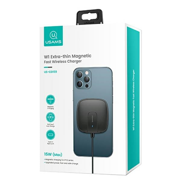 Индукционно зарядно USAMS 15W Extra-thin за iPhone 12 series, черно