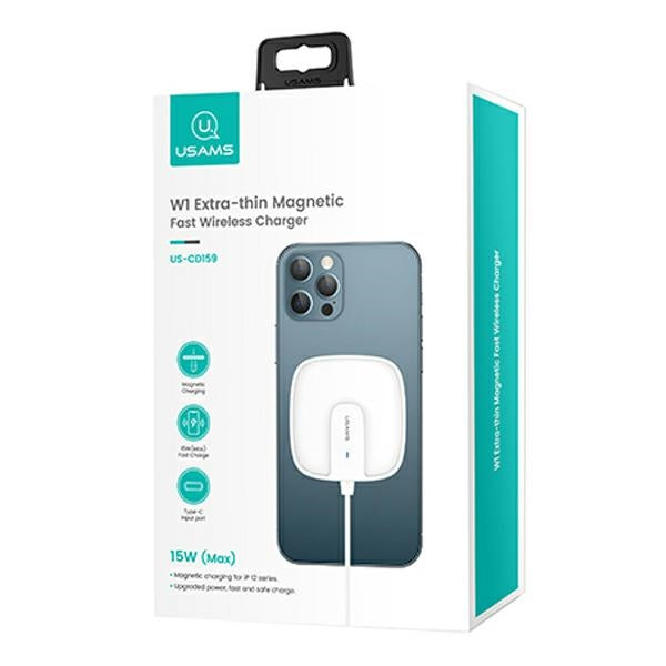 Индукционно зарядно USAMS 15W Extra-thin за iPhone 12 series, бяло