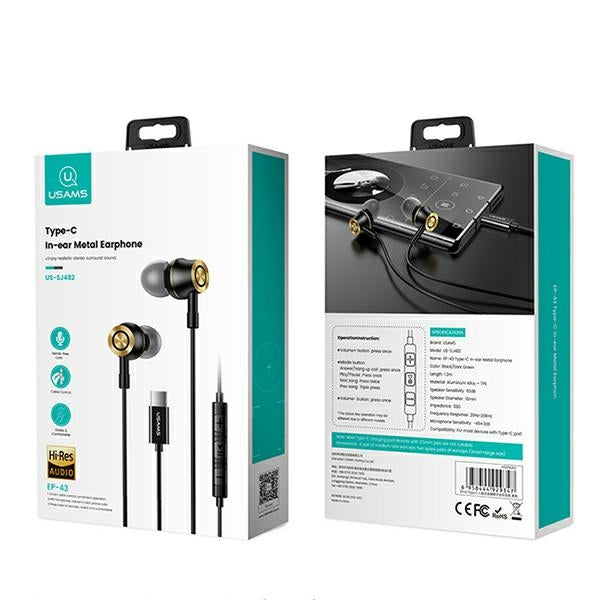 USAMS слушалки stereo EP-43 метал USB-C, черни HSEP4301