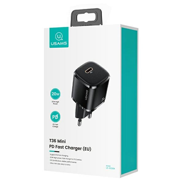 Зарядно USAMS T36 mini 20W с кабел Lightning, черно, PD3.0 Fast Charging