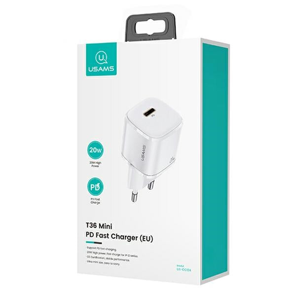 Зарядно USAMS T36 mini 20W с кабел Lightning, бяло, PD3.0 Fast Charging