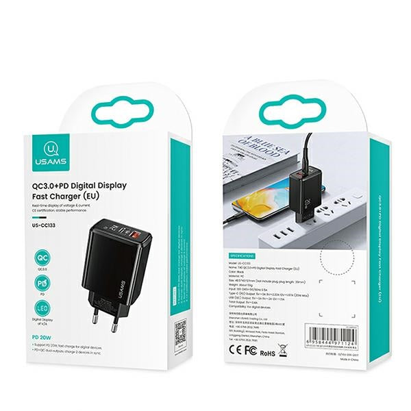 Зарядно USAMS T40 PD3.0 +QC3.0 Fast Charging, черно (само глава)