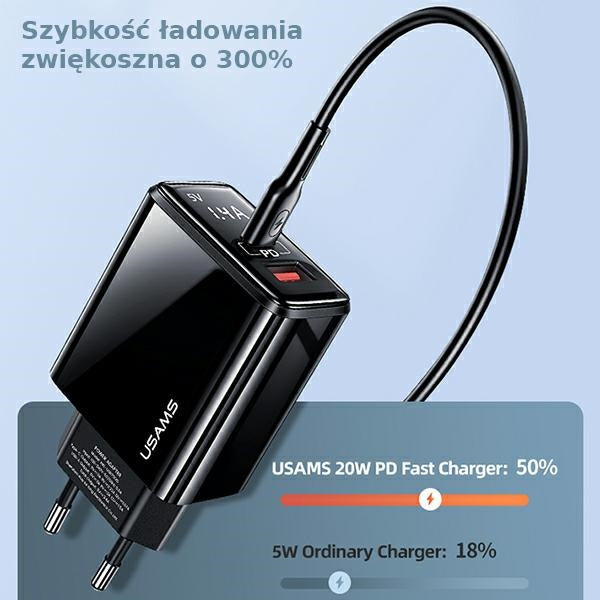 Зарядно USAMS T40 PD3.0 +QC3.0 Fast Charging, черно (само глава)