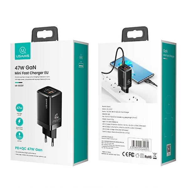 Зарядно USAMS T41 GaN с Quick Charge, черно