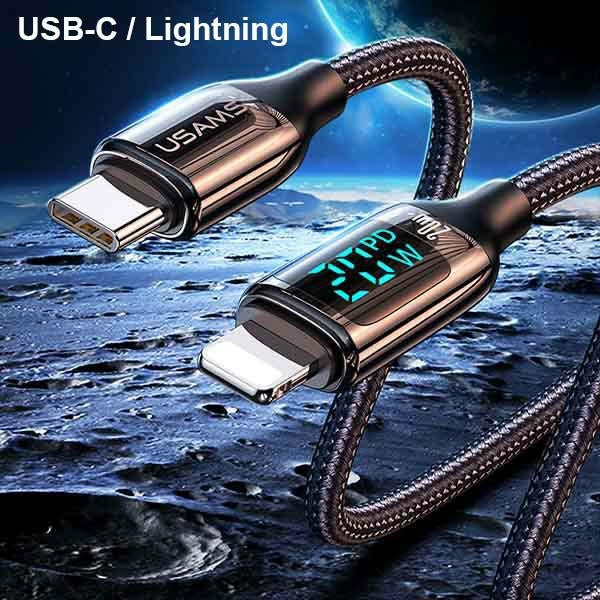 Кабел USAMS U78 плетен с LED Lightning 1.2m 20W PD Fast Charge, бял