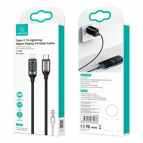 Кабел USAMS U78 плетен с LED Lightning 1.2m 20W PD Fast Charge, бял