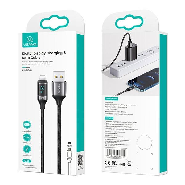 USAMS Кабел плетен U78 Lightning 1 м 2.4A Fast Charging, черен