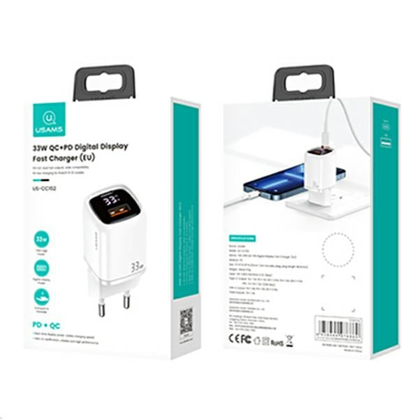 Зарядно USAMS T46 33W PD3.0 +QC3.0 Fast Charging, бяло