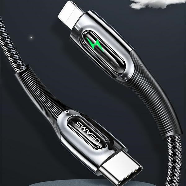 USAMS кабел плетен за Lightning Smart Power-off 20W PD 1.2 м, черен